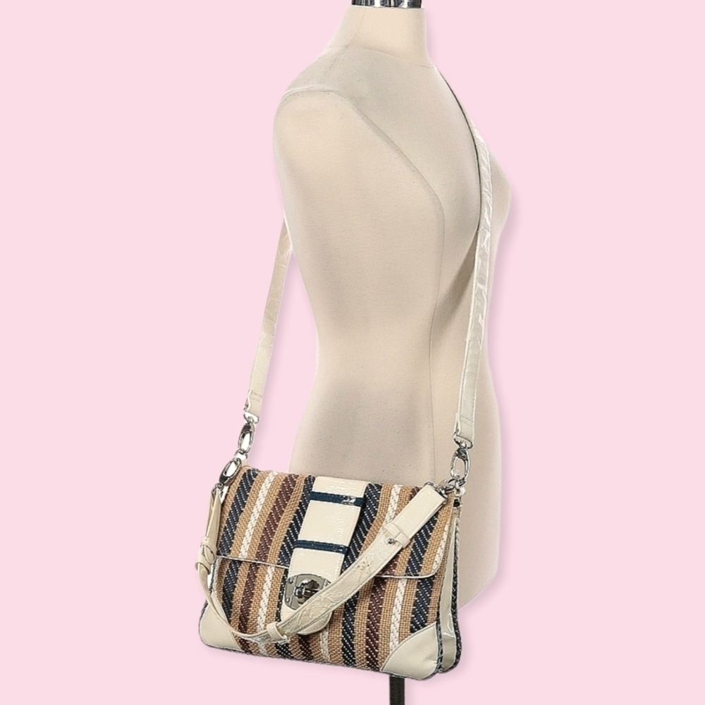 70s Canvas & Leather Turn Lock Satchel Crossbody Handbag Striped Neutral Boho
